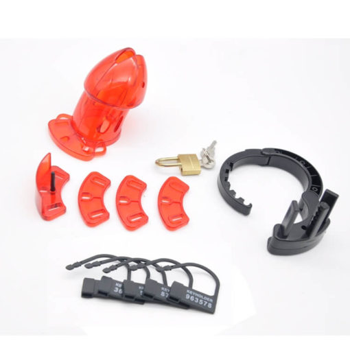 Plastic Male Chastity Cage With Adjustable Ring Red Package