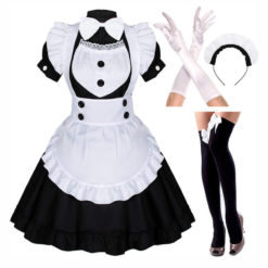 Anime French Maid Apron Dress Lolita Cosplay With Socks Gloves Set Black