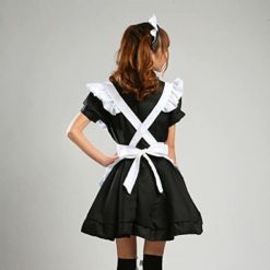 Anime French Maid Apron Dress Lolita Cosplay With Socks Gloves Set Black Back
