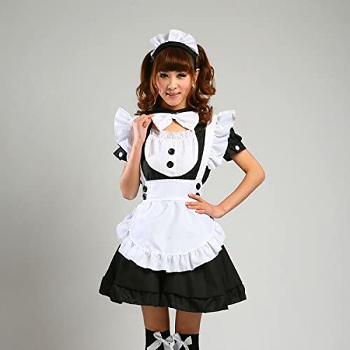Anime French Maid Apron Dress Lolita Cosplay With Socks Gloves Set Black Front