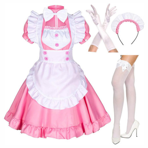 Anime French Maid Apron Dress Lolita Cosplay With Socks Gloves Set Pink