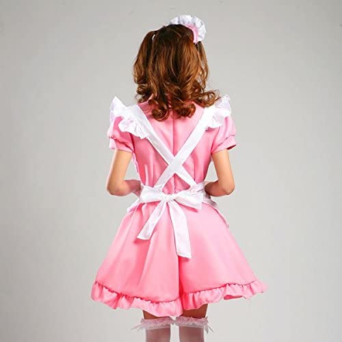Anime French Maid Apron Dress Lolita Cosplay With Socks Gloves Set Pink Back