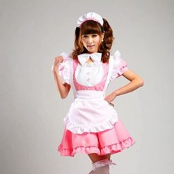 Anime French Maid Apron Dress Lolita Cosplay With Socks Gloves Set Pink Front