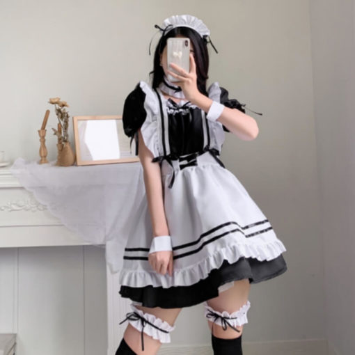 Anime French Maid Lolita Dress Plus Size Cosplay Costume Set Black Model1