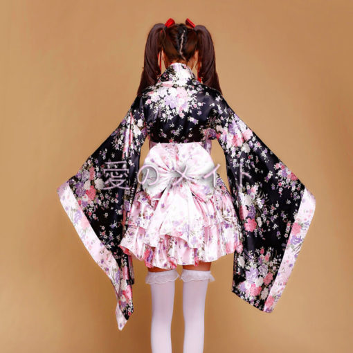 Japanese Anime Maid Cosplay Lolita Kimono Dress Set Sissy Crossdresser Back