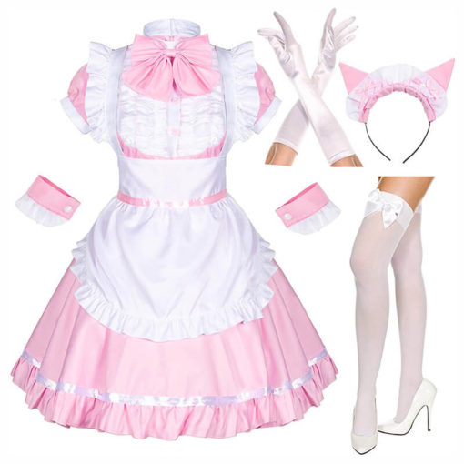 Japanese Anime Pink Sissy Maid Apron Dress Lolita Cosplay with Socks Gloves Set Front