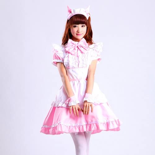 Japanese Anime Pink Sissy Maid Apron Dress Lolita Cosplay with Socks Gloves Set Model2