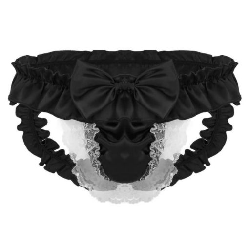 Satin Frilly Lace Sissy Crossdresser Bow Pouch Panties Black