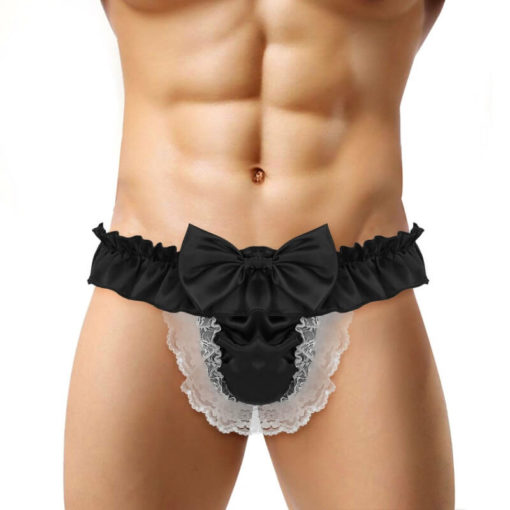 Satin Frilly Lace Sissy Crossdresser Bow Pouch Panties Black On Model