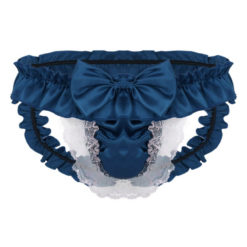 Satin Frilly Lace Sissy Crossdresser Bow Pouch Panties Dark Blue