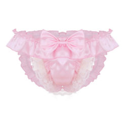 Satin Frilly Lace Sissy Crossdresser Bow Pouch Panties Pink