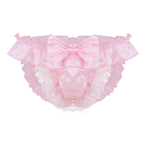 Satin Frilly Lace Sissy Crossdresser Bow Pouch Panties Pink