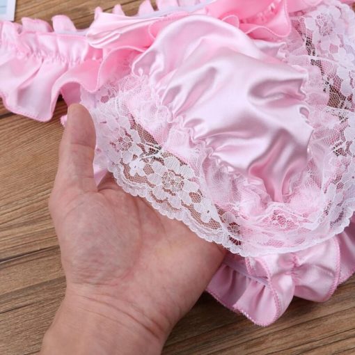 Satin Frilly Lace Sissy Crossdresser Bow Pouch Panties Pink Detail