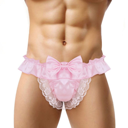 Satin Frilly Lace Sissy Crossdresser Bow Pouch Panties Pink On Model