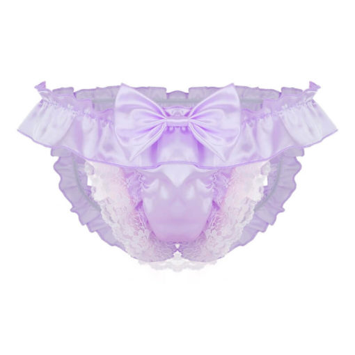 Satin Frilly Lace Sissy Crossdresser Bow Pouch Panties Purple
