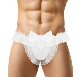 Satin Frilly Lace Sissy Crossdresser Bow Pouch Panties White On Model