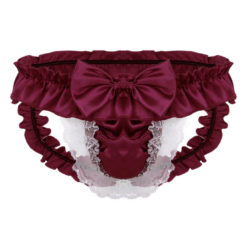 Satin Frilly Lace Sissy Crossdresser Bow Pouch Panties Wine Red