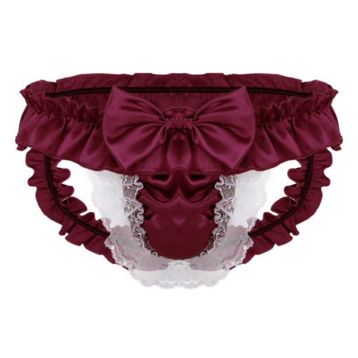 Satin Frilly Lace Sissy Crossdresser Bow Pouch Panties Wine Red