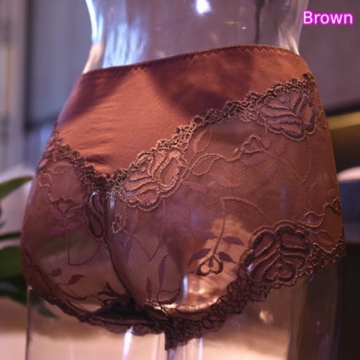 Sissy Lace Open Crotch Pouch Panties Briefs Sexy See-through Underwear Brown Back