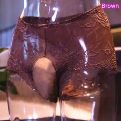 Sissy Lace Open Crotch Pouch Panties Briefs Sexy See-through Underwear Brown Front