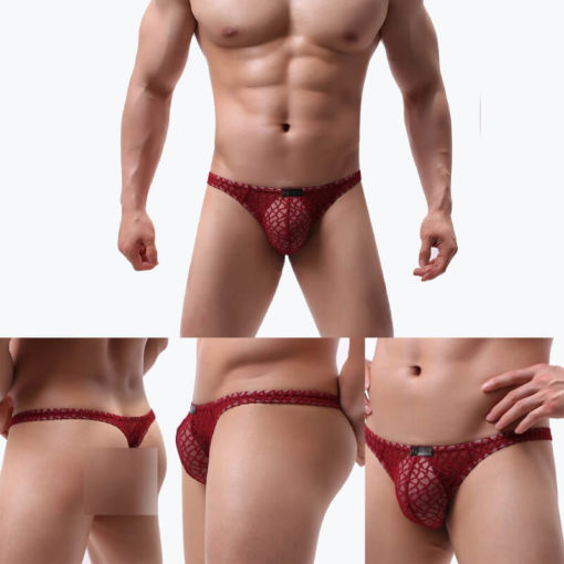 Sissy Lace Pouch Panties Mens Thongs Sexy G-String Underwear Red On Models