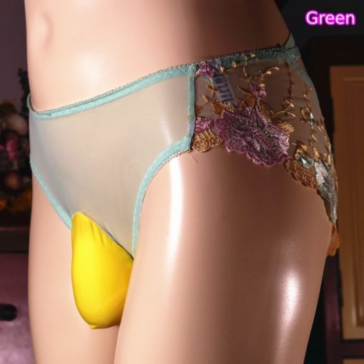 Sissy Mens Sexy Lace Embroidery Penis Sleeve Pouch Panties Green Front