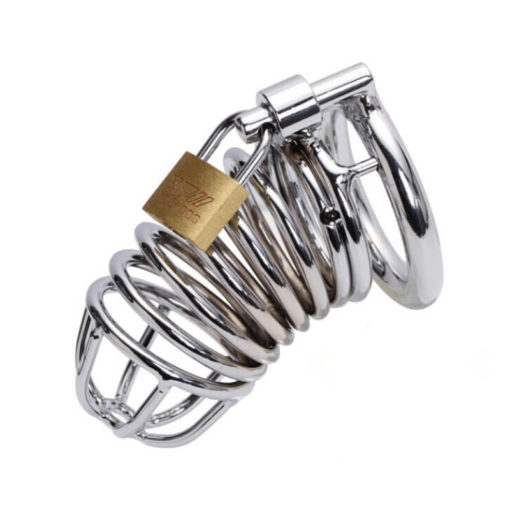 Classical Male Steel Chastity Cage With Brass Padlock Side