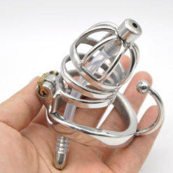 Sissy Chastity Cage With Catheter Stainless Steel BDSM Bondage Toy In Hand