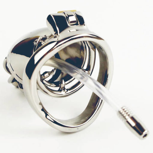 Spiked Stainless Steel Chastity Cage With Urethral Catheter Short Back