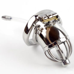 Spiked Stainless Steel Chastity Cage With Urethral Catheter Short Front