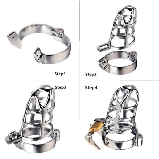 Super Breathable Male BDSM Chastity Device With Hinged Ring Assembly Chart