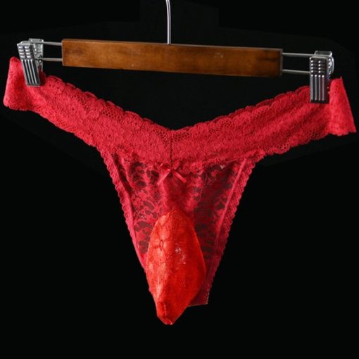Lace Frilly Sissy Thong Panties Sheer Mesh Bikini Briefs Red Lace Pouch