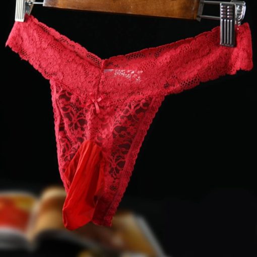 Lace Frilly Sissy Thong Panties Sheer Mesh Bikini Briefs Red Silky Pouch