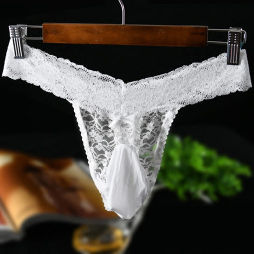 Lace Frilly Sissy Thong Panties Sheer Mesh Bikini Briefs White Silky Pouch