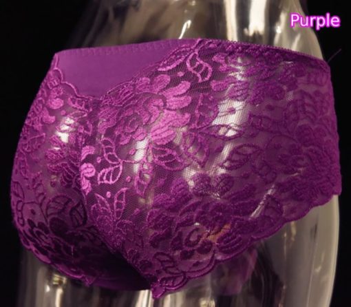 Sissy Lace Cotton Panties Briefs Plus Size U type Penis Pouch Underwear Purple Back