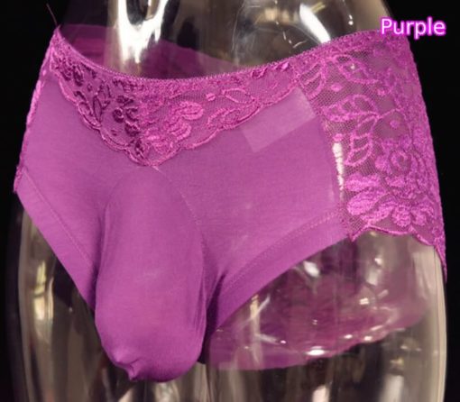 Sissy Lace Cotton Panties Briefs Plus Size U type Penis Pouch Underwear Purple Front