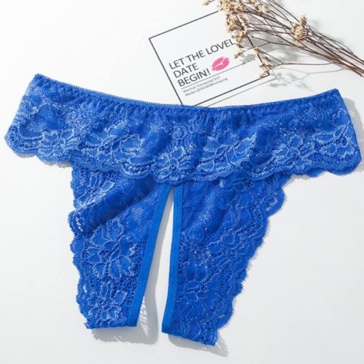 High Cut Sexy Full Lace Crotchless Panties Blue Nature