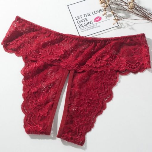 High Cut Sexy Full Lace Crotchless Panties Wine Red Nature