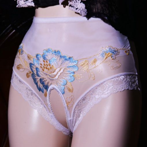 Sissy Lux Embroidered Floral Open Crotch Panties White