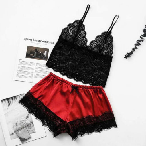Satin Lace V-Neck Camisole Shorts Pajama Sets Red With Background