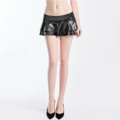 Patent Leather Mirror Pleated Mini Cake Skirt Black