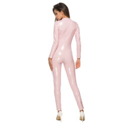 Sexy Tight Mirror PVC Leather Jumpsuit Pink Back