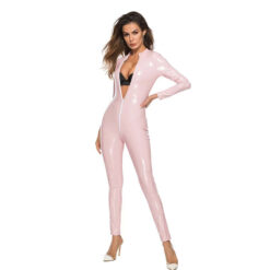 Sexy Tight Mirror PVC Leather Jumpsuit Pink Front