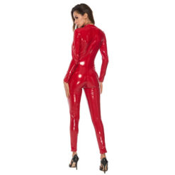 Sexy Tight Mirror PVC Leather Jumpsuit Red Back