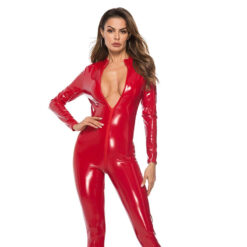 Sexy Tight Mirror PVC Leather Jumpsuit Red Detail