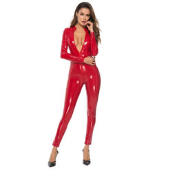 Sexy Tight Mirror PVC Leather Jumpsuit Red Front