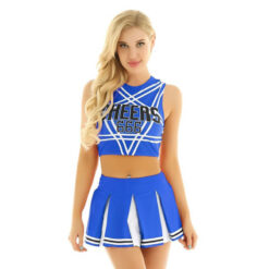 Sissy Cheerleader Costume Crop Top With Mini Pleated Skirt Model Blue Front