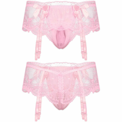 Sissy Lace G-string Mini Skirt With Garters Pink