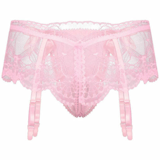 Sissy Lace G-string Mini Skirt With Garters Pink Back