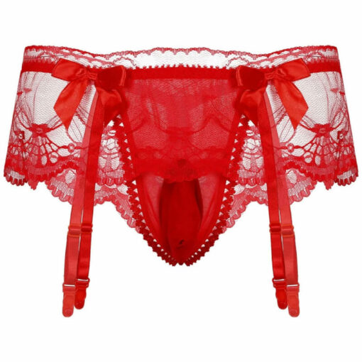 Sissy Lace G-string Mini Skirt With Garters Red